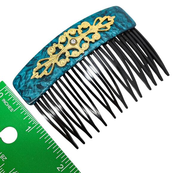 Vintage 30s–50s French Hair Comb Teal Marbled Acetate Applied Filigree - Picture 6 of 7